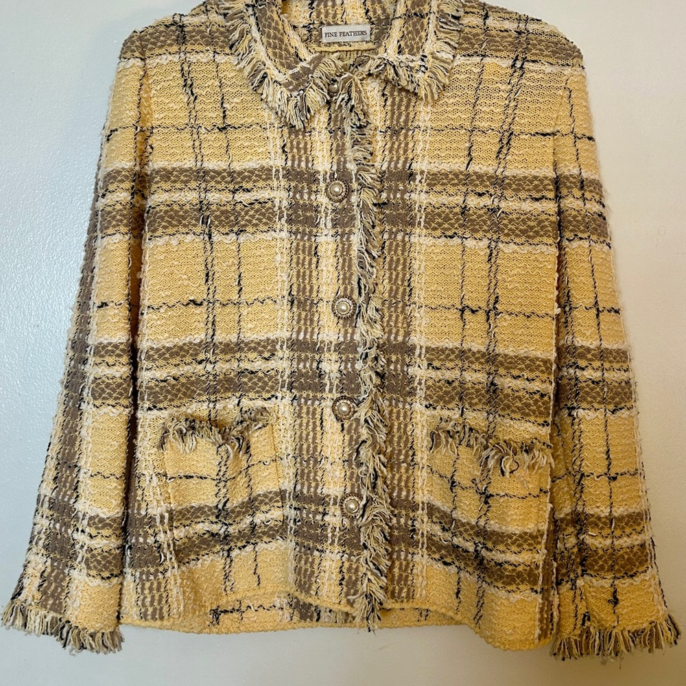 Yellow and Brown Cardigan with Textured Frayed Edges